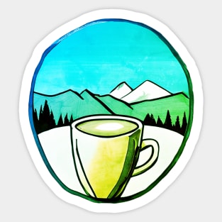 Watercolor Coffee And Mountains Green, Retro Drink Coffee Outdoors, Cool Gift For a Rock Climber Sticker